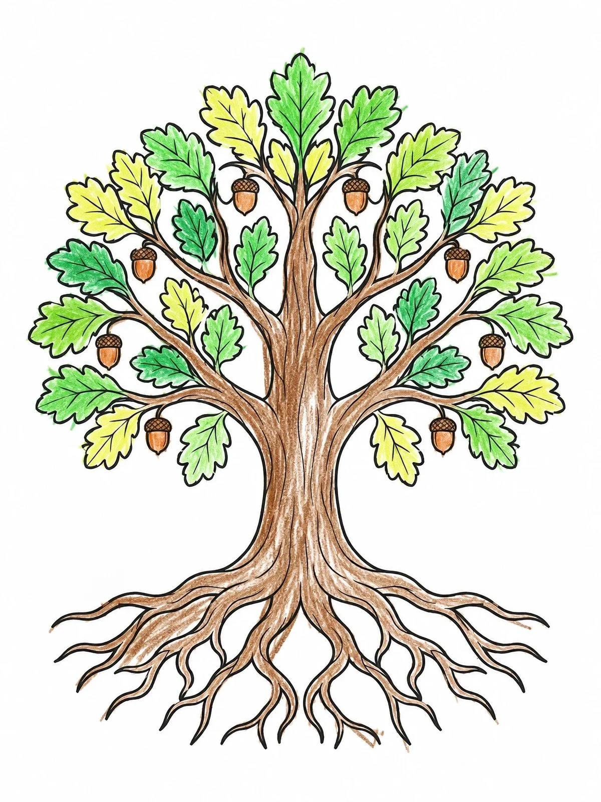 Colored example of the Symmetrical Oak Tree With Roots coloring page
