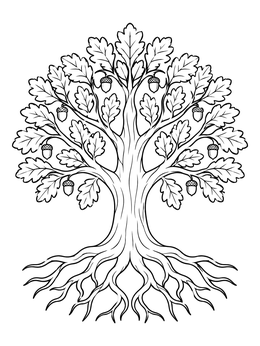 Free printable Symmetrical Oak Tree With Roots coloring page