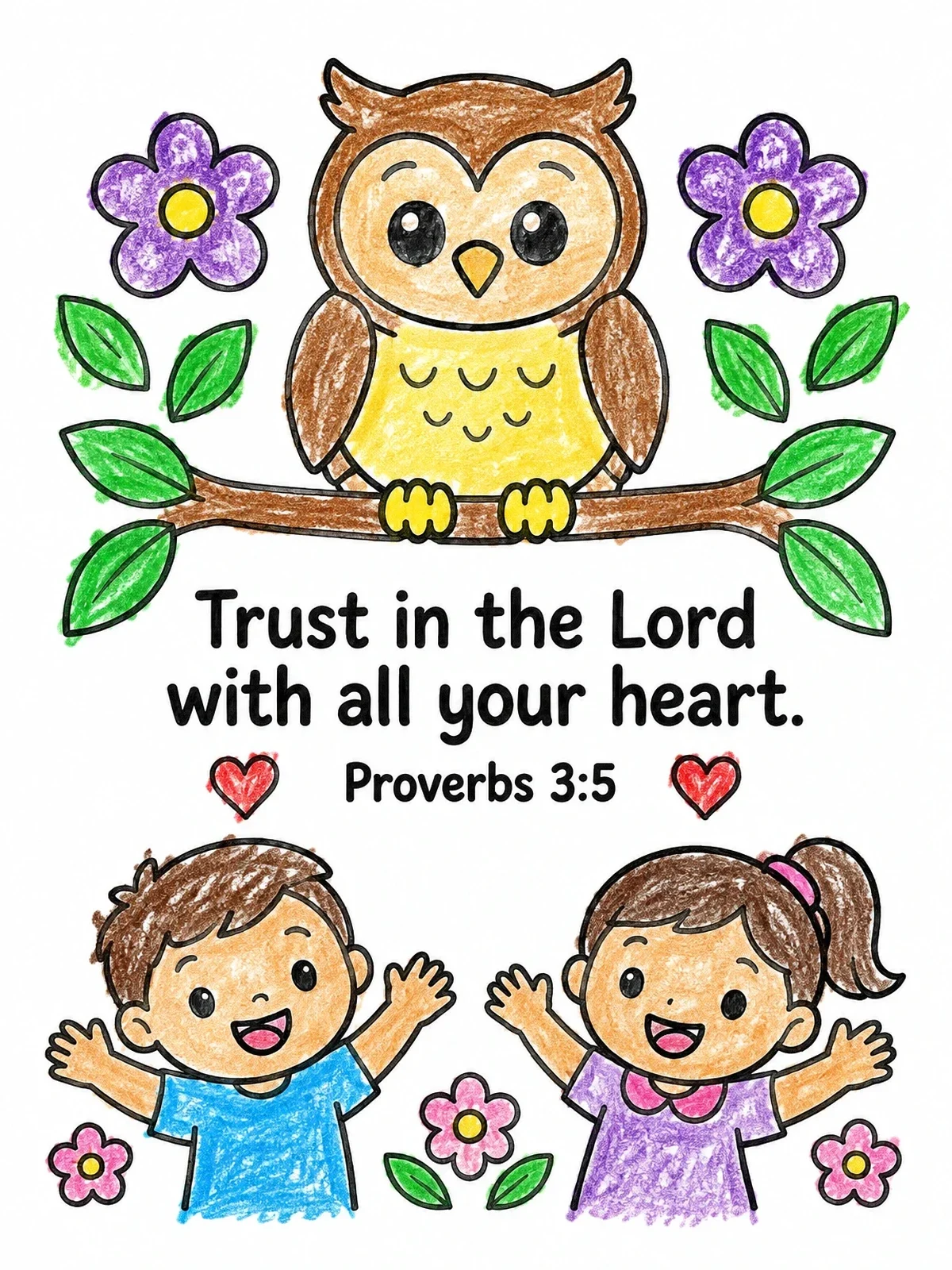 Colored example of the Wise Owl With Children And Scripture coloring page