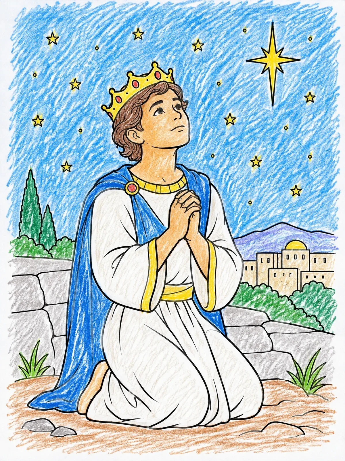Colored example of the Young King Solomon Praying Under Stars coloring page