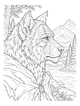 A scarred wolf warrior in a cloak appears in this werewolf coloring page with a mountain view.