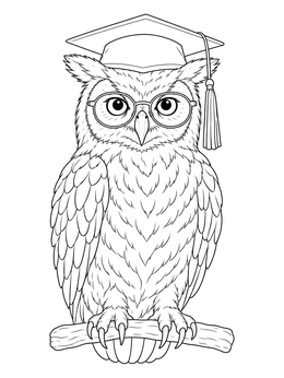 A wise owl wearing round glasses and a mortarboard cap perches on a branch in this graduation coloring page.