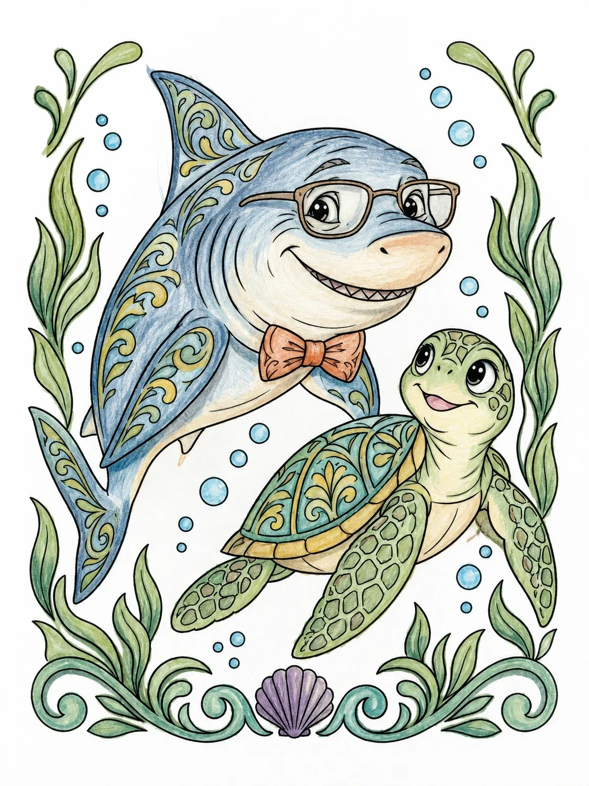 Colored example of the Wise Grandpa Shark And Sea Turtle coloring page