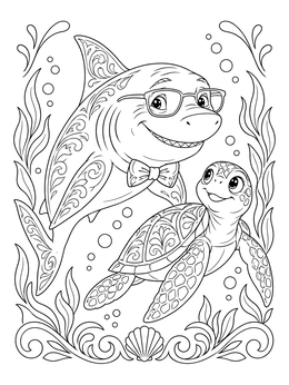 Free printable Wise Grandpa Shark And Sea Turtle coloring page