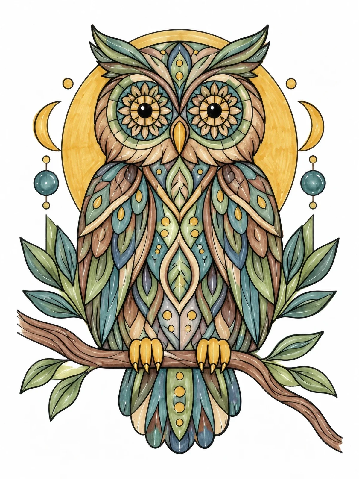 Colored example of the Wise Henna Owl On Branch coloring page