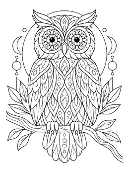 An intricate owl perched on a branch inside this detailed henna coloring page.