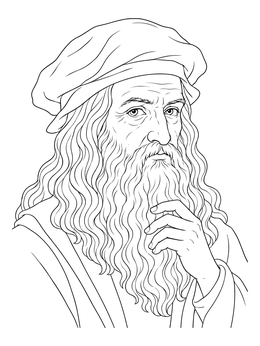 A detailed leonardo da vinci coloring page portrait with long wavy beard and cap.