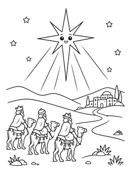 Free printable Wise Men Following The Christmas Star coloring page