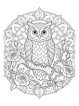 An intricate owl coloring page featuring a perched bird framed by roses and mandala patterns.
