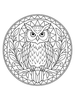 Detailed owl coloring page perched on a branch inside an ornate circular frame.