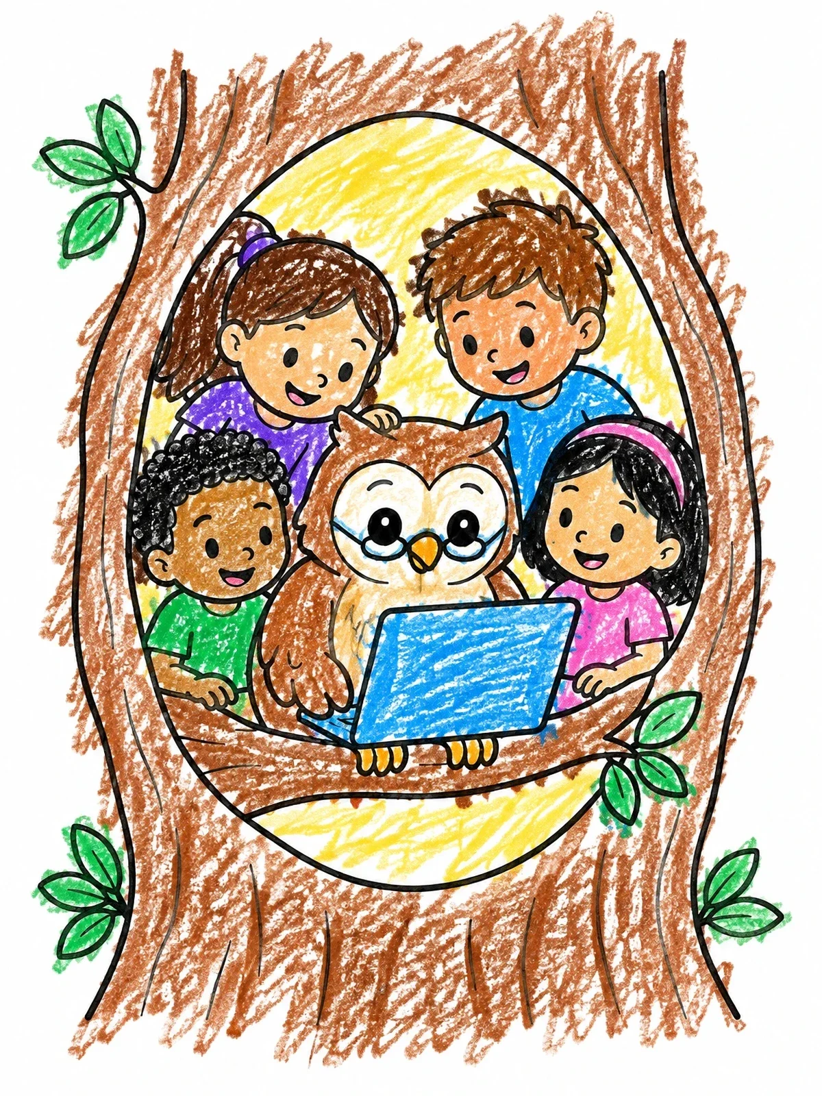 Colored example of the Wise Owl And Kids With Laptop coloring page