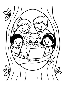 Free printable Wise Owl And Kids With Laptop coloring page