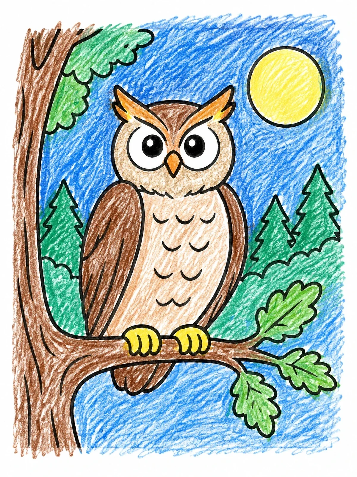 Colored example of the Wise Owl On Oak Branch coloring page