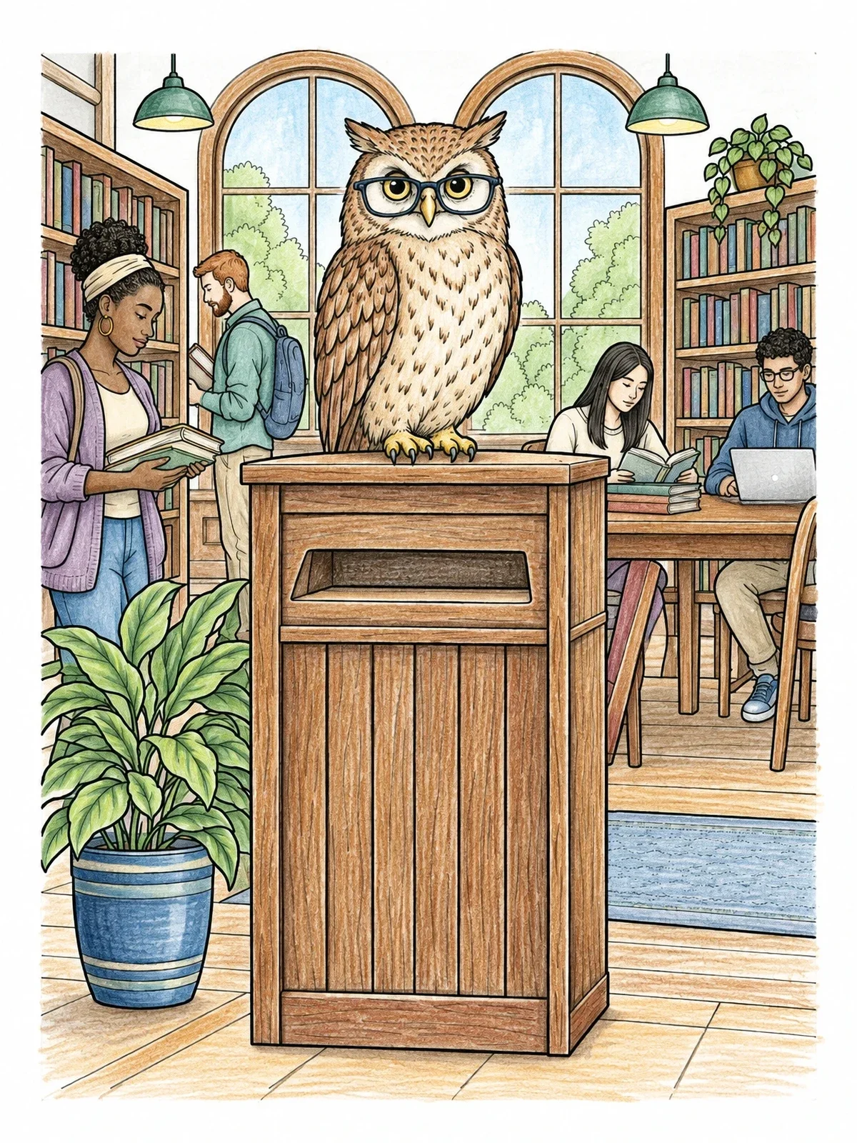 Colored example of the Wise Owl In The Public Library coloring page