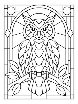 An owl perched on a branch inside a detailed stained glass coloring page.