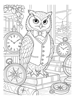 A dapper steampunk owl coloring page featuring a vest, bow tie, clocks, and maps.