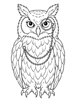 A detailed steampunk owl coloring page featuring a horned owl wearing a monocle with delicate chains.