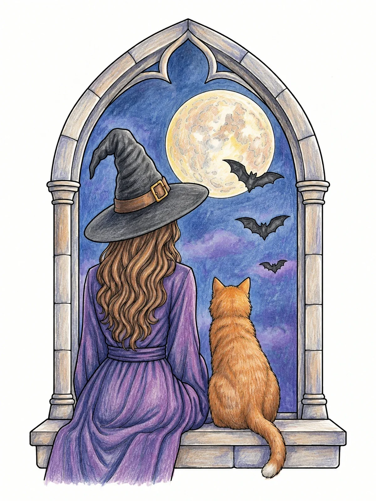 Colored example of the Witch And Cat Watching The Moon coloring page