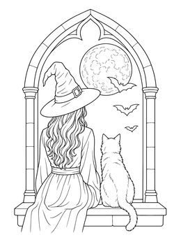 A peaceful witch coloring page featuring a witch and cat looking at a full moon through an arch.