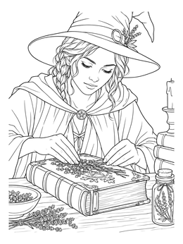 A young witch apprentice arranges sprigs on a tome in this detailed lavender coloring page.