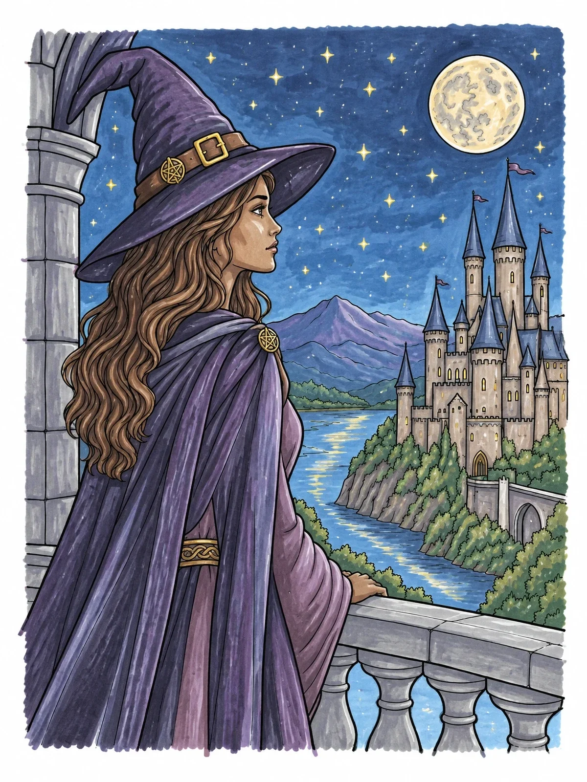 Colored example of the Witch Overlooking Castle And Moonlit Sky coloring page