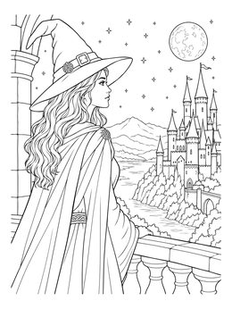 A witch coloring page featuring an elegant sorceress on a balcony gazing at a grand castle under the night sky.