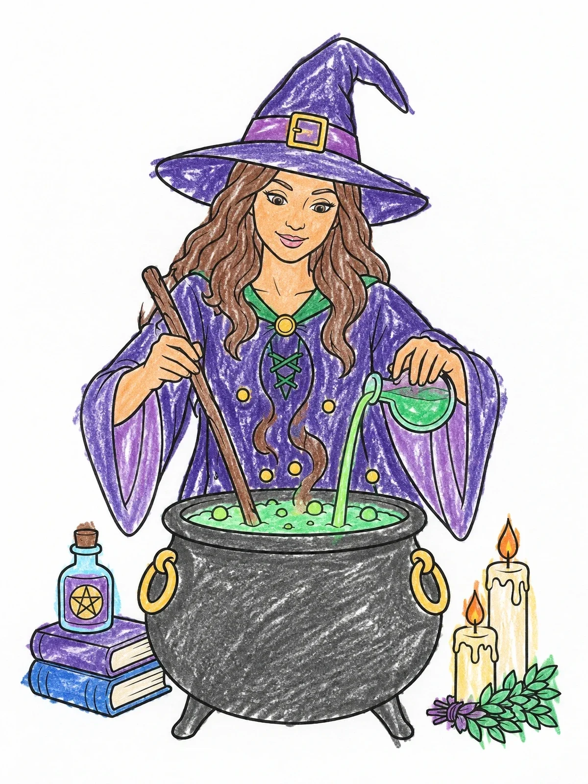 Colored example of the Witch Brewing A Bubbling Potion coloring page