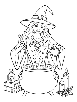A friendly witch coloring page showing her stirring a magical cauldron surrounded by candles and books.