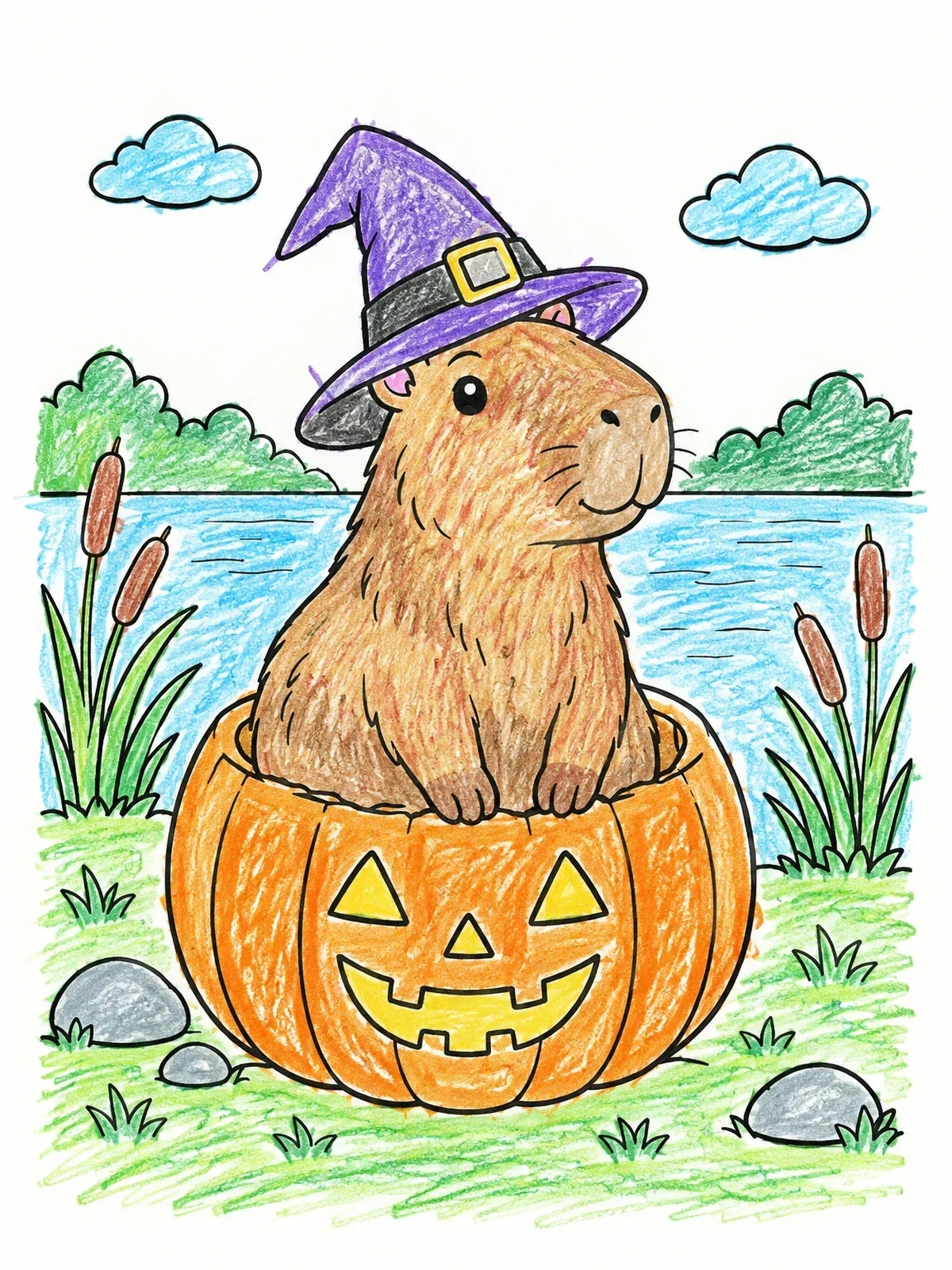 Colored example of the Witch Capybara In Jack O' Lantern coloring page