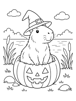 A cute capybara coloring page featuring a witch hat and carved pumpkin by a pond.