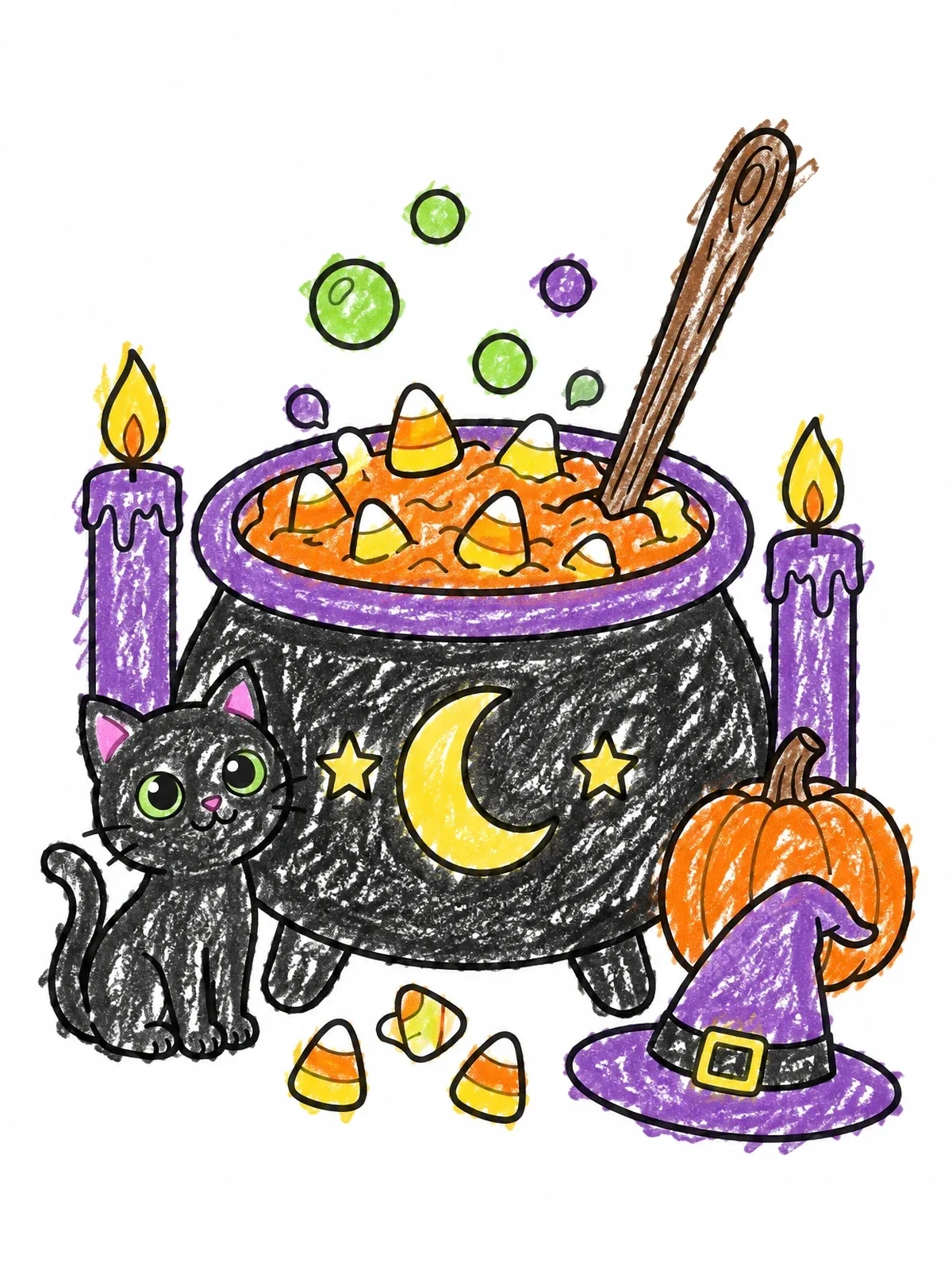 Colored example of the Bubbling Cauldron And Candy Corn coloring page
