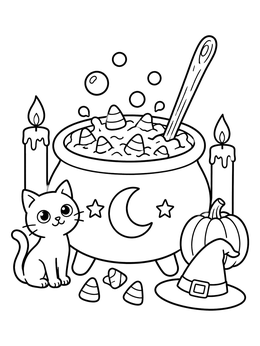 A candy corn coloring page featuring a bubbling witch cauldron, a kitten, and a pumpkin.