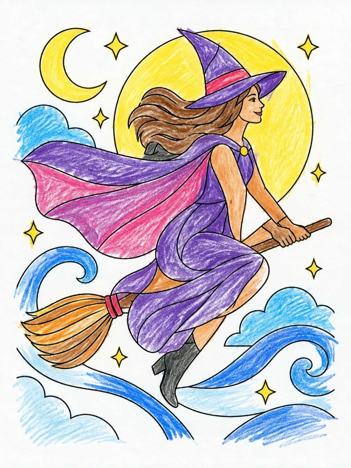 Colored example of the Witch Flying Past The Full Moon coloring page