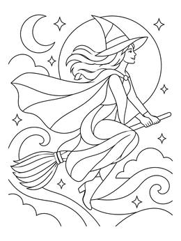 A halloween flying witch coloring page with a woman soaring on her broomstick before a full moon.