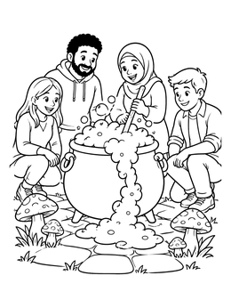 A group gathers around a bubbling cauldron in this cheerful witch coloring page.