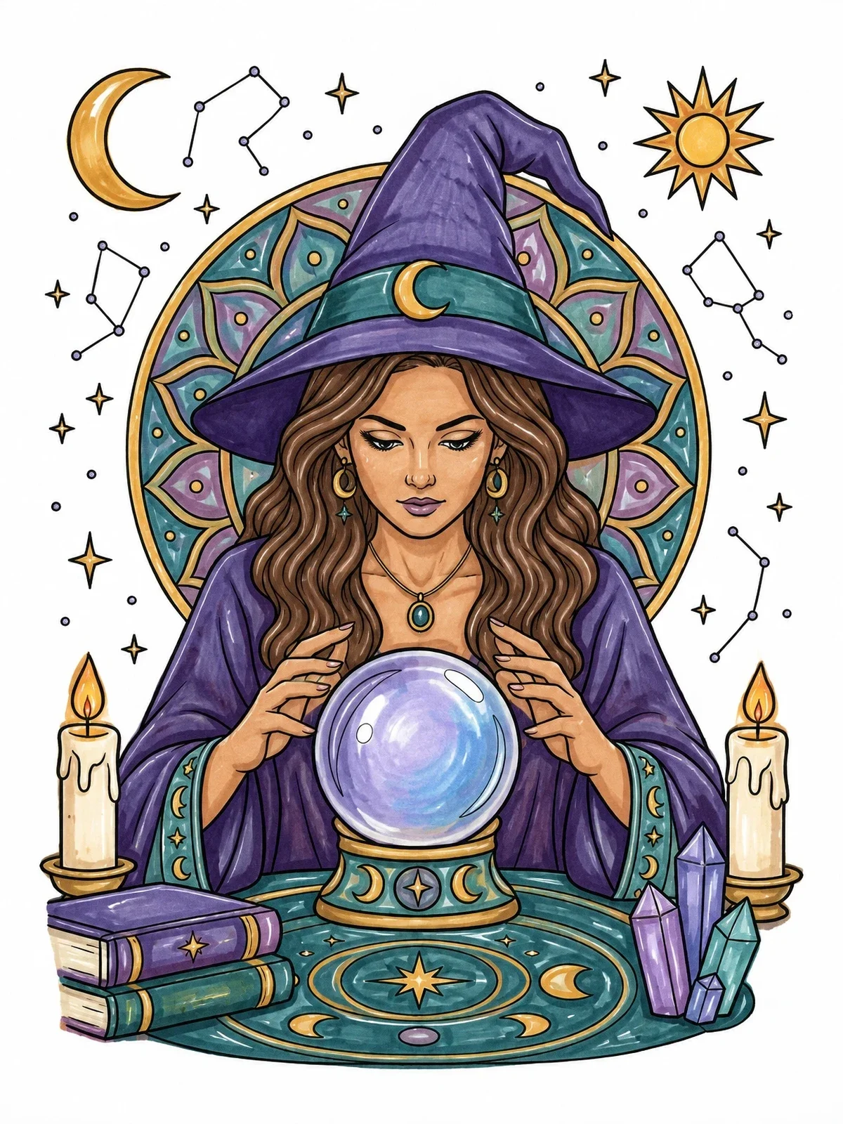 Colored example of the Witch Gazing Into Crystal Ball coloring page