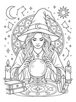 A young witch coloring page with a glowing crystal ball, candles, and celestial patterns.