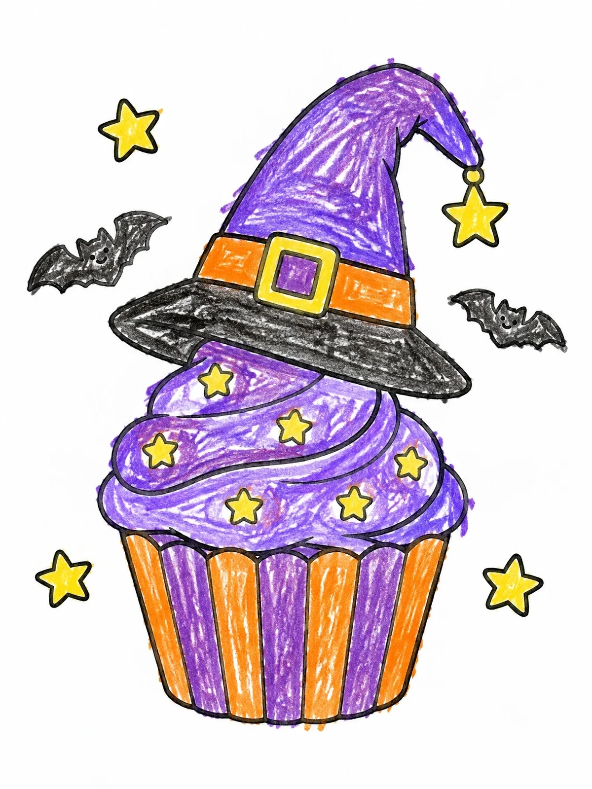 Colored example of the Witch Hat Halloween Cupcake coloring page