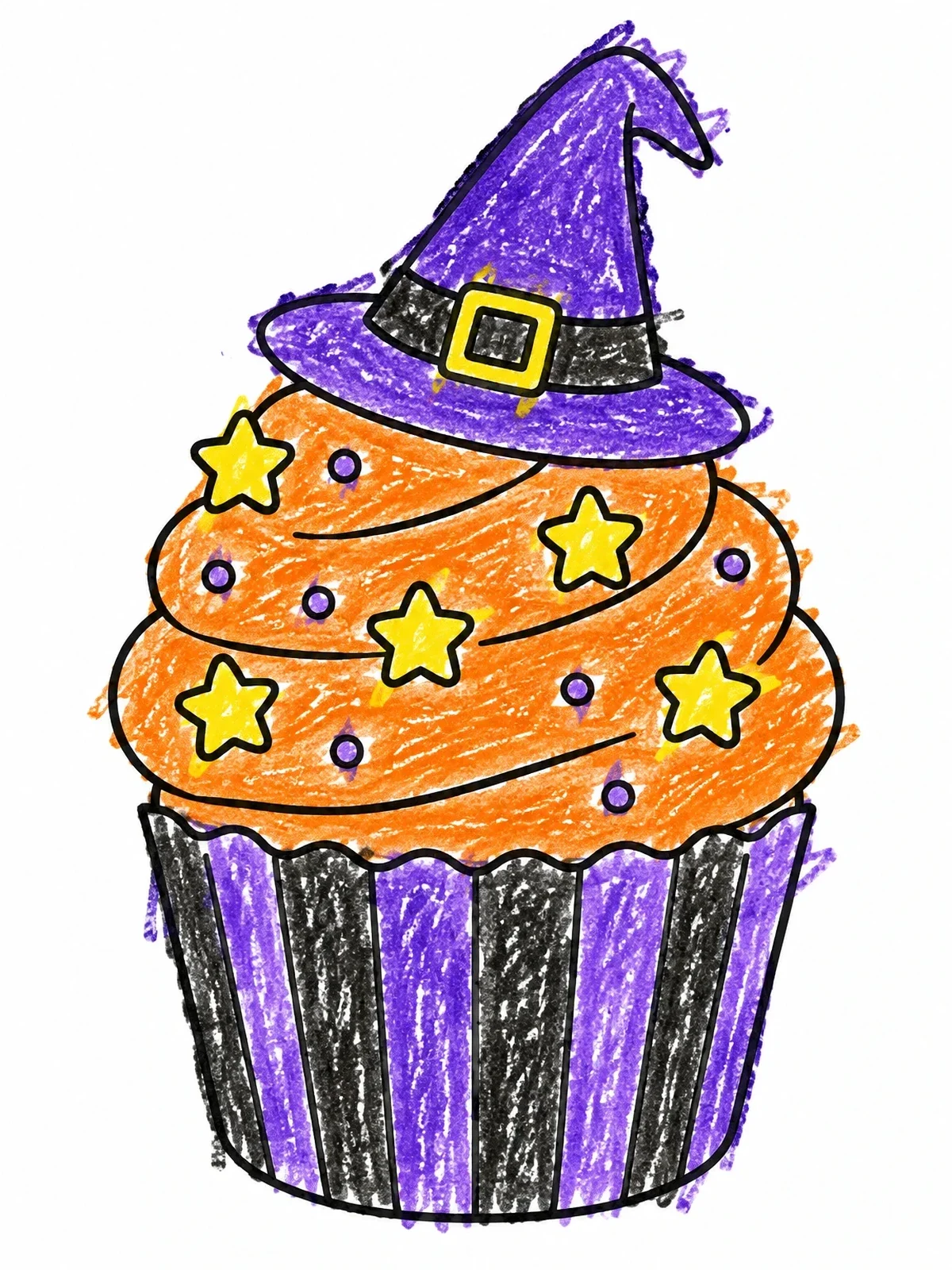 Colored example of the Witch Hat Halloween Cupcake coloring page