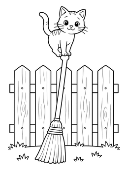 A playful kitten balances on a broom in this witch coloring page.
