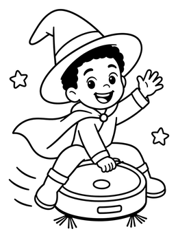 A cheerful young boy in a witch coloring page rides a robotic vacuum cleaner through the air.
