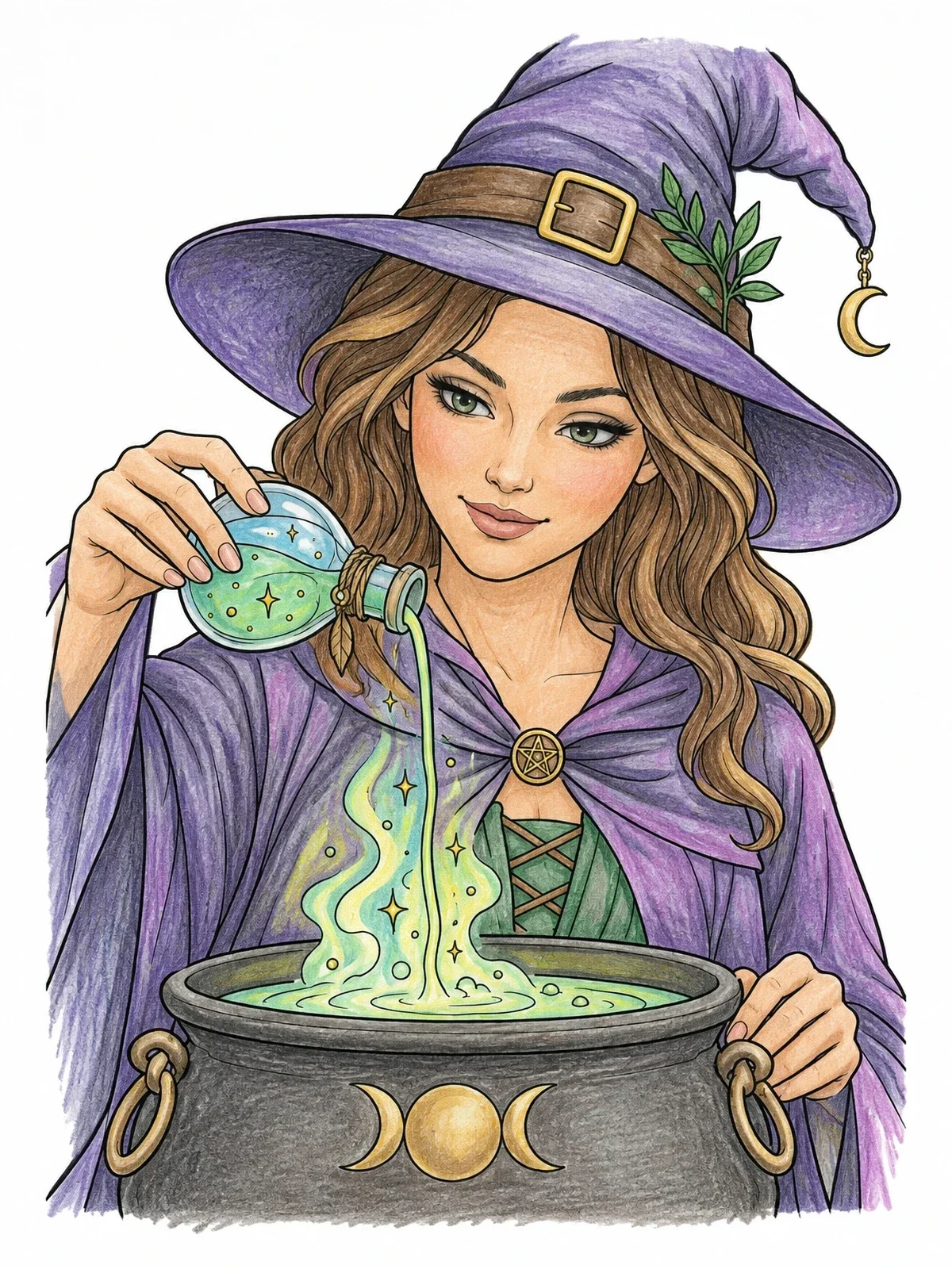 Colored example of the Young Witch Brewing Potion In Cauldron coloring page