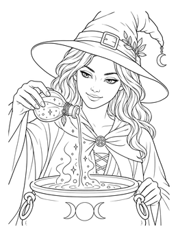 A young witch pouring a magical potion into a cauldron coloring page.