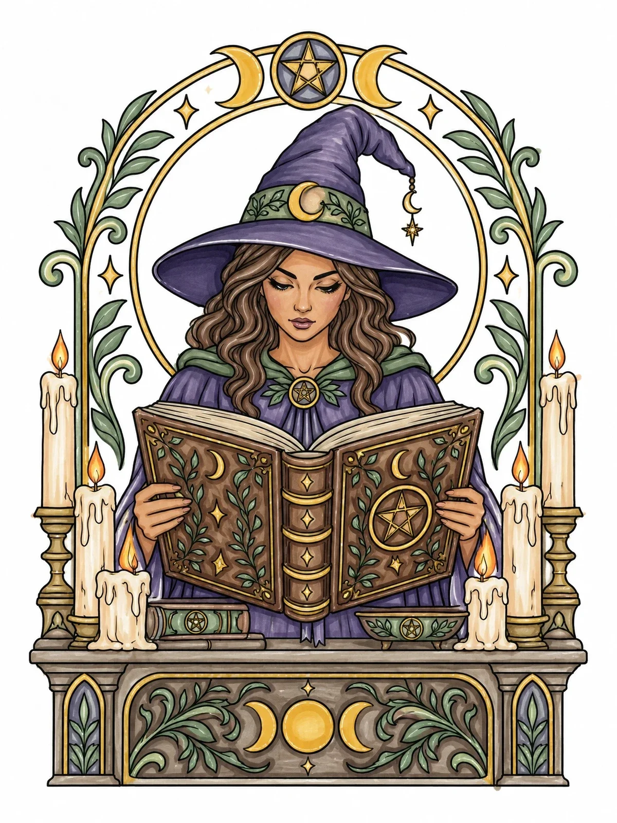 Colored example of the Witch Reading Spellbook At Altar coloring page