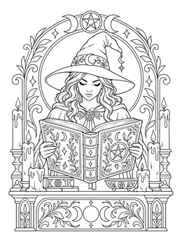 A detailed witch coloring page showing a young sorceress reading an open grimoire at a candlelit altar.