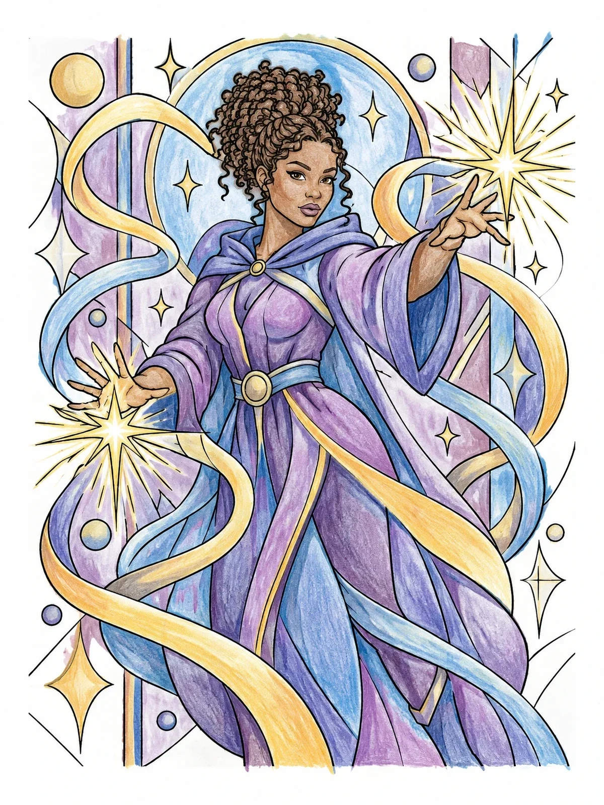 Colored example of the Sorceress Casting Radiant Magic Stars coloring page
