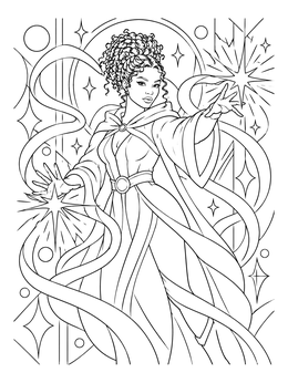 A sorceress conjuring glowing starbursts and floating ribbons in this detailed witch coloring page.