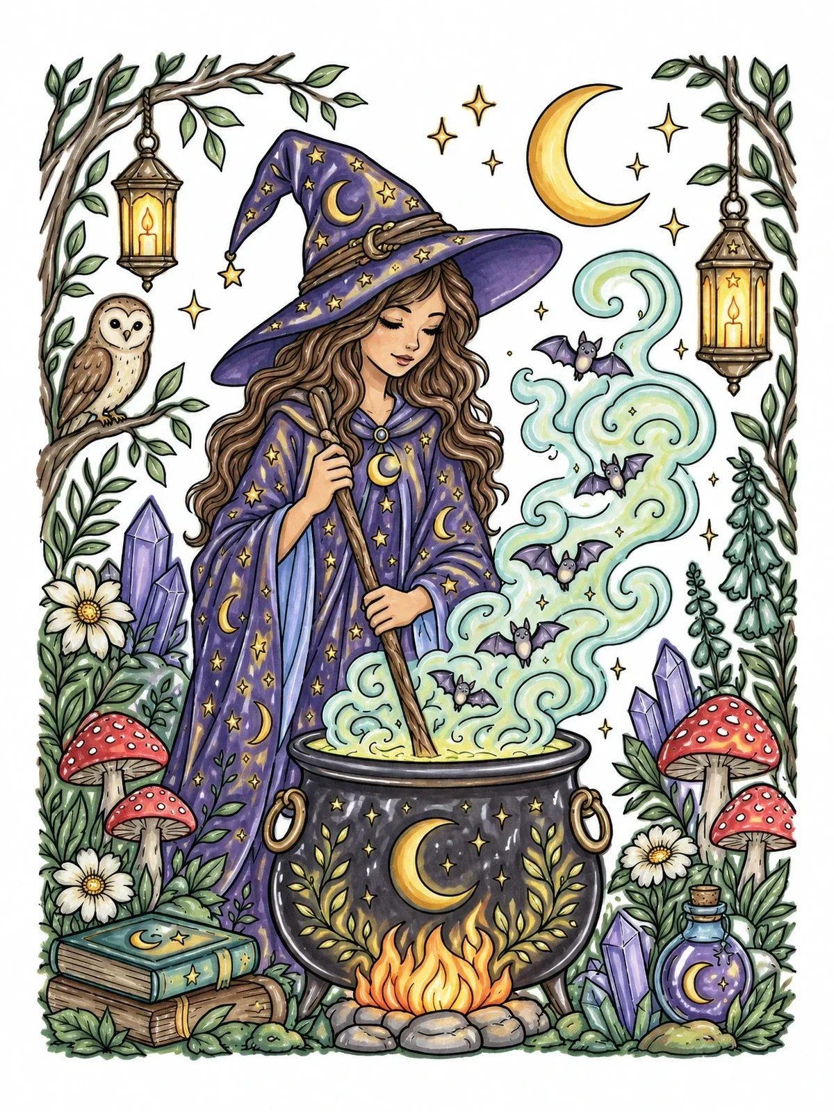 Colored example of the Witch Stirring A Magic Cauldron coloring page