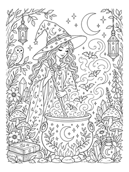 A young witch brews a potion in this detailed cauldron coloring page surrounded by bats, crystals, and an owl.