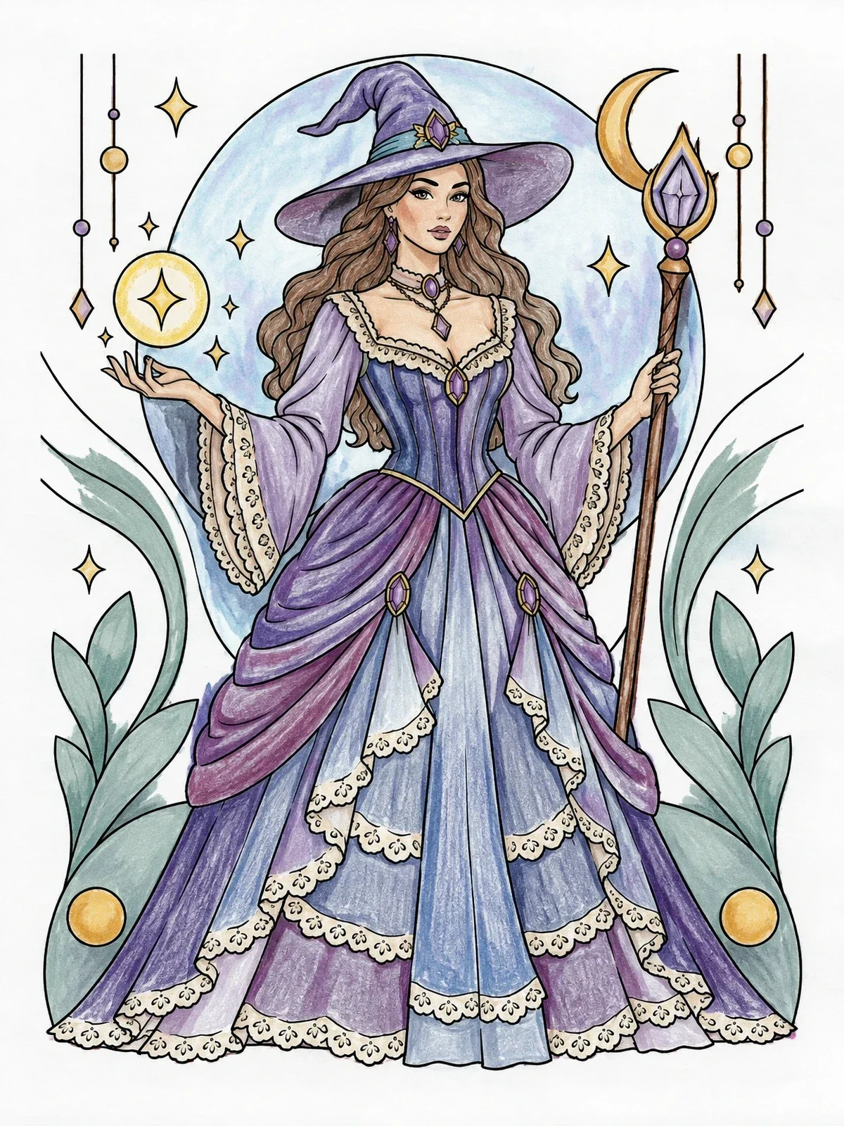 Colored example of the Victorian Sorceress With Magic Staff coloring page